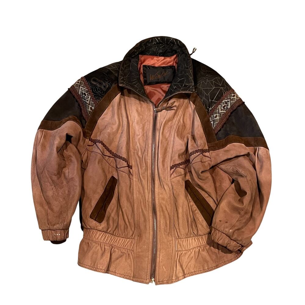 Winlit Vintage Leather Bomber Jacket Brown Patchwork Retro 80s 90s Leather Coat